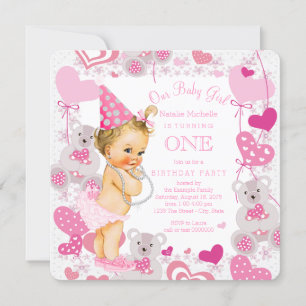 Girls Pink 1st Birthday Party Invitation