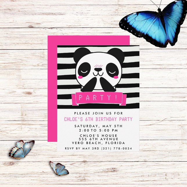 Girl's Pink and Black Cute Panda Birthday Party Invitation (Creator Uploaded)