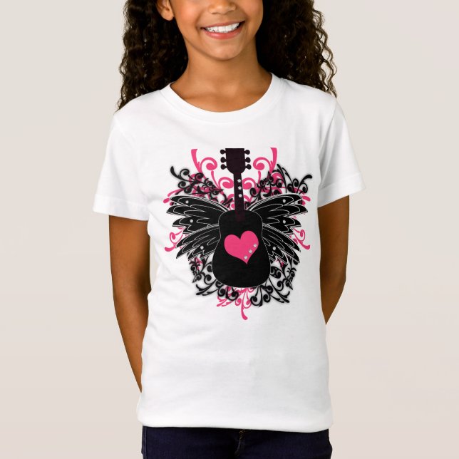 Girls Pink and Black Guitar with Angel Wings T-Shirt (Front)