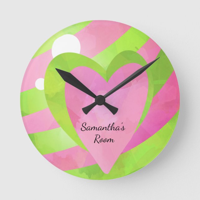Girl's Pink and Green Striped Balloon Hearts Clock (Front)
