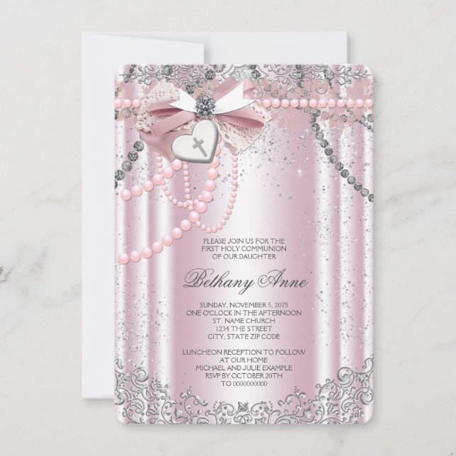 Girls Pink and Grey Pearl First Communion Invitation (Front)