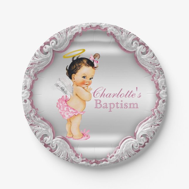 Girls Pink Angel Baptism Paper Plate (Front)