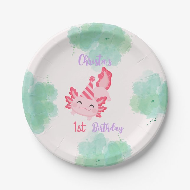 Girls Pink Axolotl 1st Birthday Party Invitation Paper Plate (Front)