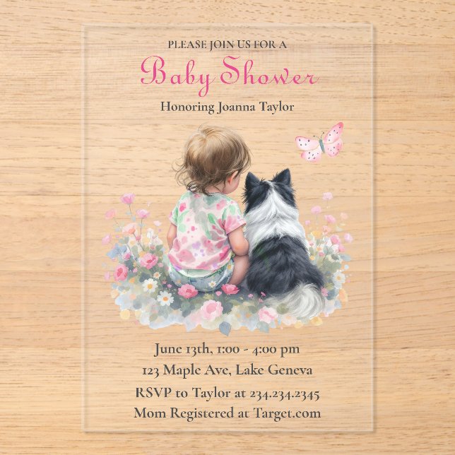 Girl's Pink Baby Shower Dog Themed Acrylic Invitations (Front)