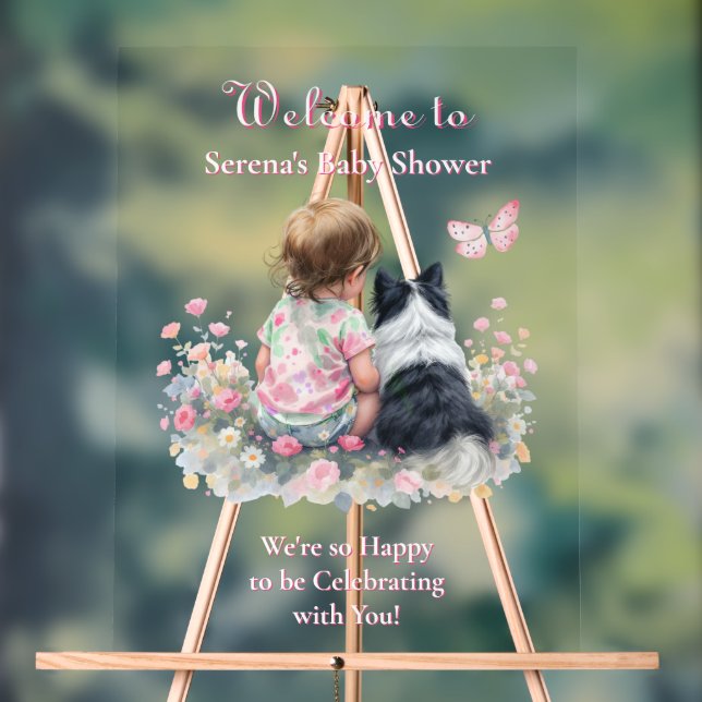 Girl's Pink Baby Shower Dog Themed Welcome Acrylic Sign (Neutral)