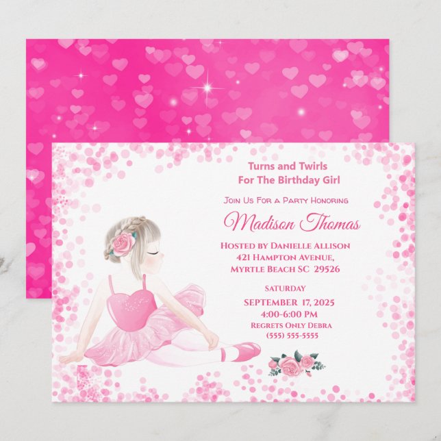 Girls Pink Ballerina Sparkle Hearts Birthday Party Invitation (Front/Back)