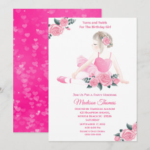 Girls Pink Ballerina Sparkle Hearts Birthday Party Invitation