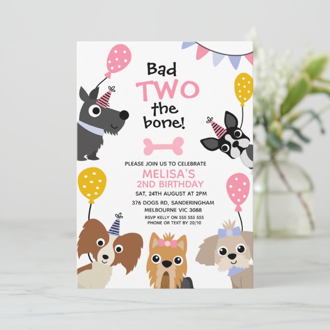 Girls Pink Balloon Bad To The Bone 2nd Birthday Invitation (Standing Front)