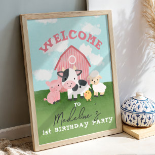 Girls Pink Barnyard Animal 1st Birthday Welcome  Poster
