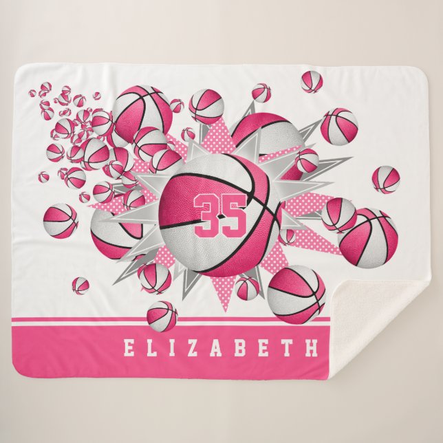 girls pink basketballs stars personalised sherpa blanket (Front (Horizontal))