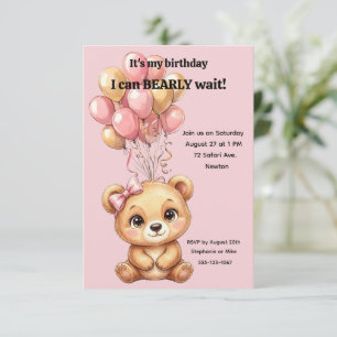 Girl's Pink Bear Party Digital Download  Invitation