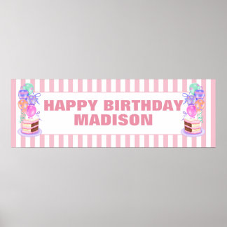 Girls Pink Birthday Cake and Balloon Personalised Poster