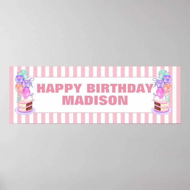Girls Pink Birthday Cake and Balloon Personalised Poster (Front)