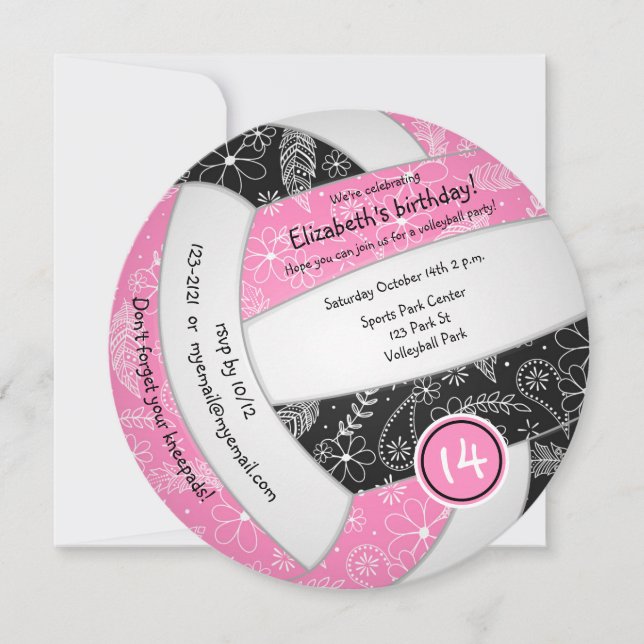 girls pink black boho volleyball birthday party announcement (Front)