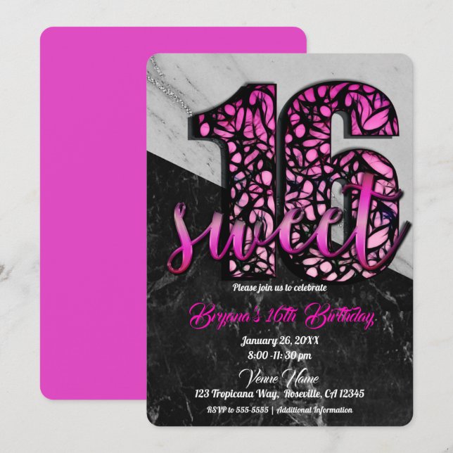 Girls Pink Black Marble Sweet 16 Birthday Party Invitation (Front/Back)