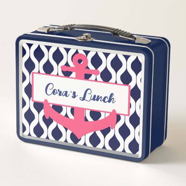 Girls Pink, Blue Nautical Anchor Personalised Name Metal Lunch Box (Front)