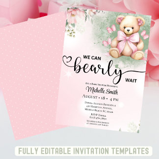 Girls Pink Blush Floral Teddy Bear Baby Shower Invitation