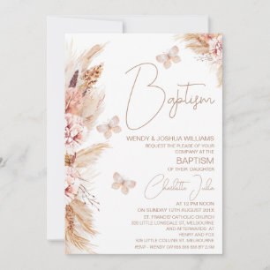 Girls Pink Boho Floral Butterflies Baptism Invitation