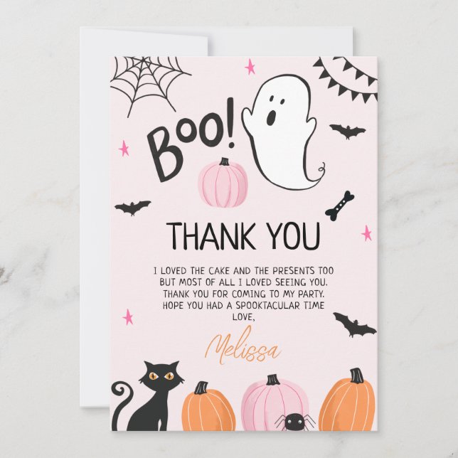 Girls Pink Boo Halloween Birthday Thank You Card (Front)