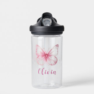 Girls Pink Butterfly Personalized Water Bottle