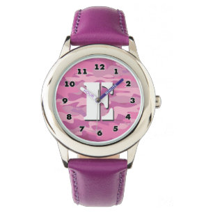 Girls pink camo watch with personalised monogram