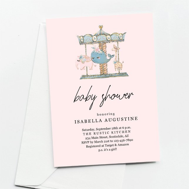 Girls Pink Carousel Baby Shower Invitation (Creator Uploaded)