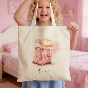 Girls Pink Cowgirl Personalised Name Tote Bag