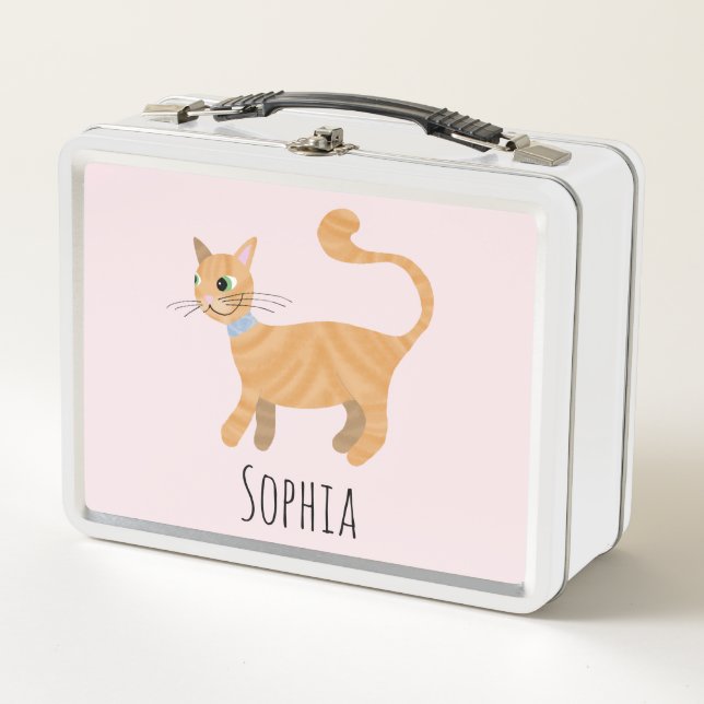 Girls Pink Cute Ginger Tabby Cat Cartoon Kids Metal Lunch Box (Front)