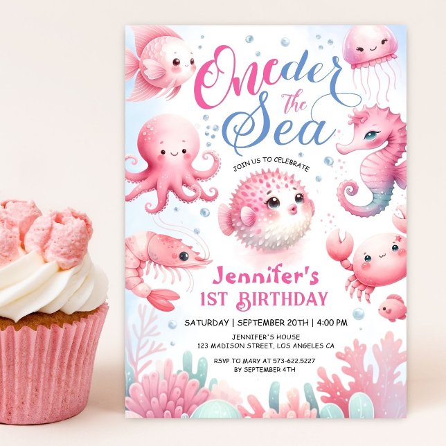 Girls Pink Cute Ocean ONEder The Sea 1st Birthday Invitation (Creator Uploaded)