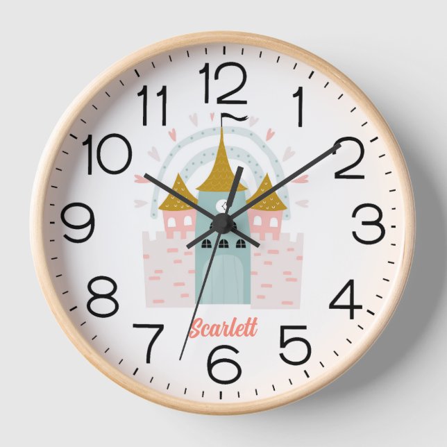 Girls Pink Cute Princess Castle Personalised Name Clock (Front)