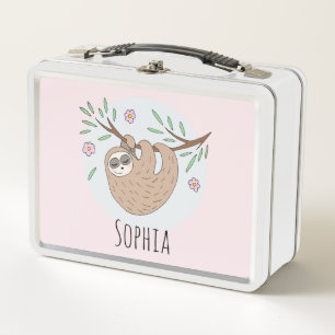 Girls Pink Cute Sleeping Sloth Cartoon Kids Metal Lunch Box