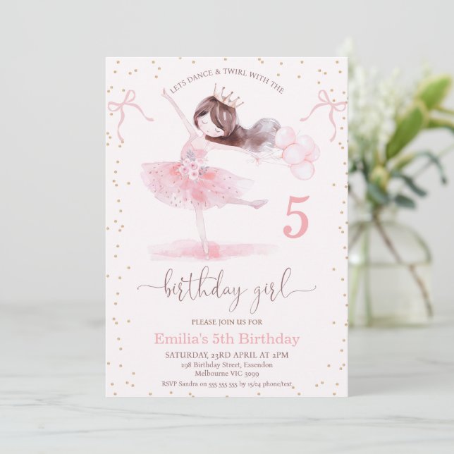 Girls Pink Dance Twirl with Birthday Girl Birthday Invitation (Standing Front)