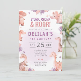 Girls Pink Dino Birthday Invite Dinosaur Theme