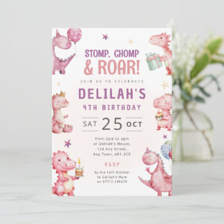 Girls Pink Dinosaur Birthday Invite Dino Theme