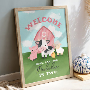 Girls Pink Farm Animal 2nd Birthday Welcome  Poster