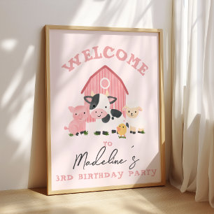 Girls Pink Farm Animal Kids Birthday Welcome Poster