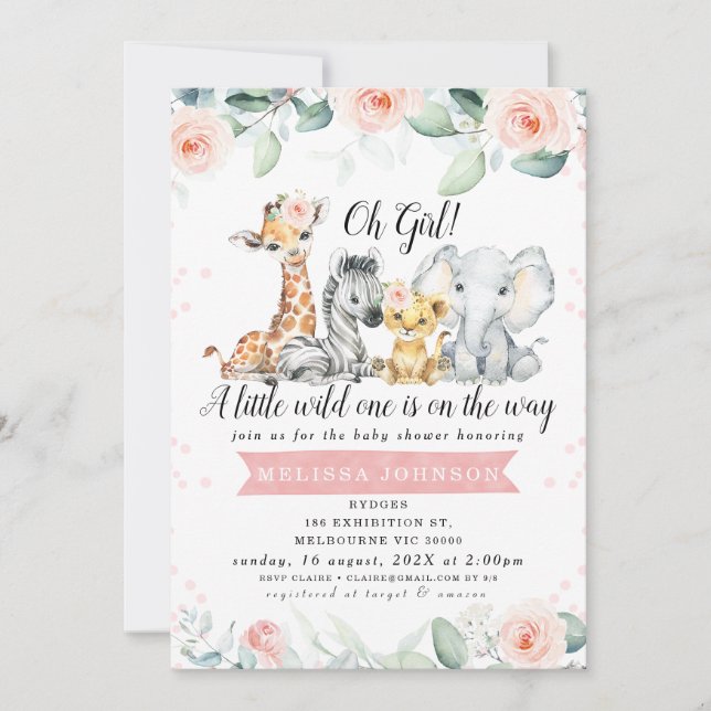 Girls Pink Floral Banner Safari Babies Baby Shower Invitation (Front)