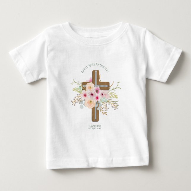 Girls Pink floral BAUTIZO Baptism Bautismo Named Baby T-Shirt (Front)