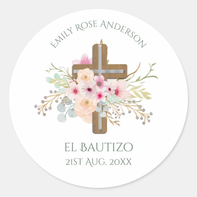 Girls Pink floral BAUTIZO Baptism Bautismo Named Classic Round Sticker (Front)