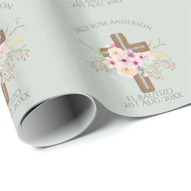 Girls Pink floral BAUTIZO Baptism Bautismo Named Wrapping Paper (Roll Corner)