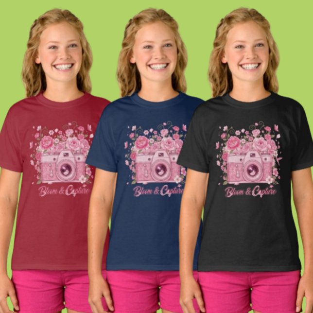 Girls Pink Floral Camera Photo Clothing Item T-Shirt (Creator Uploaded)
