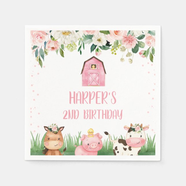 Girls Pink Floral Farm Birthday Party Napkin (Front)