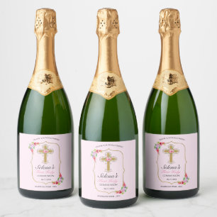 Girls Pink Floral First Holy Communion Sparkling Wine Label