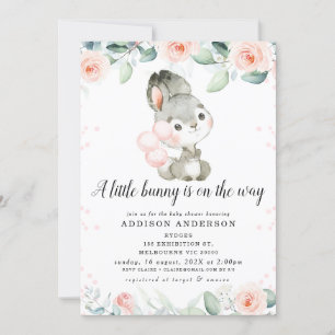 Girls Pink Floral Grey Bunny Baby Shower Invitation
