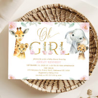 Girls Pink Floral Safari Baby Shower Invitation