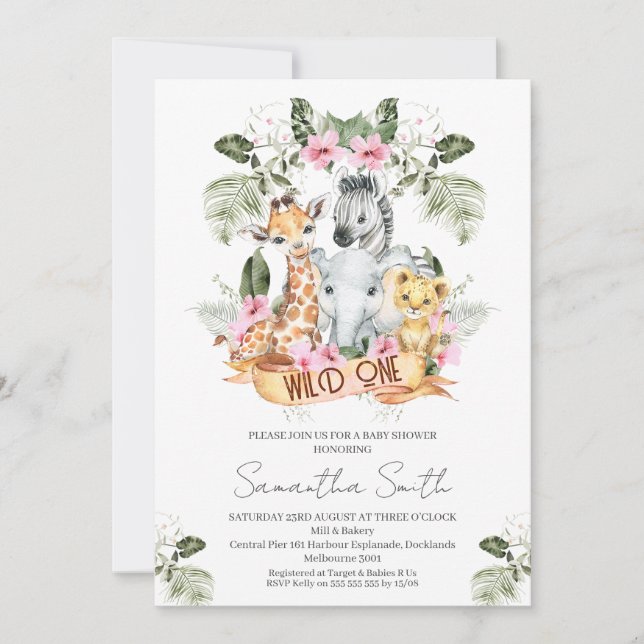 Girls Pink Floral Safari Wild One Baby Shower Invitation (Front)