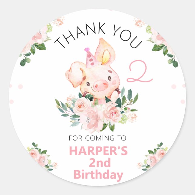 Girls Pink Floral This Little Piggy Birthday Classic Round Sticker (Front)