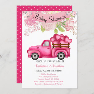 Girls Pink Floral Truckload Hearts Baby Shower   Invitation