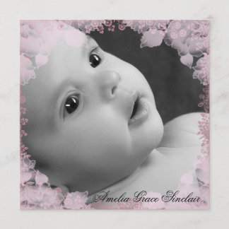 Girls Pink Flower Photo Birth Announcement