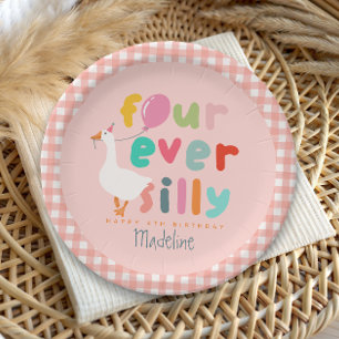 Girls Pink Four Ever Silly Farm Goose 4th Birthday Paper Plate